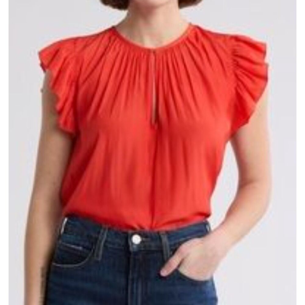 Ramy Brook Red Flutter Sleeve Blouse Keyhole Top Women's Large